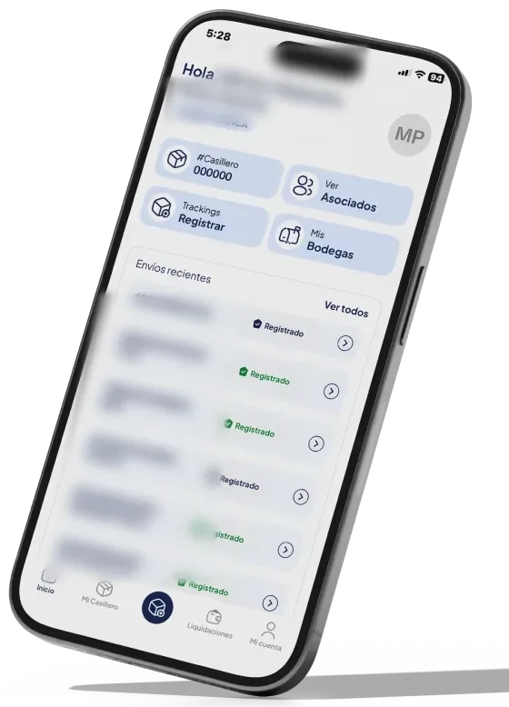 App de RioCargo Express mostrando el casillero y los envíos recientes